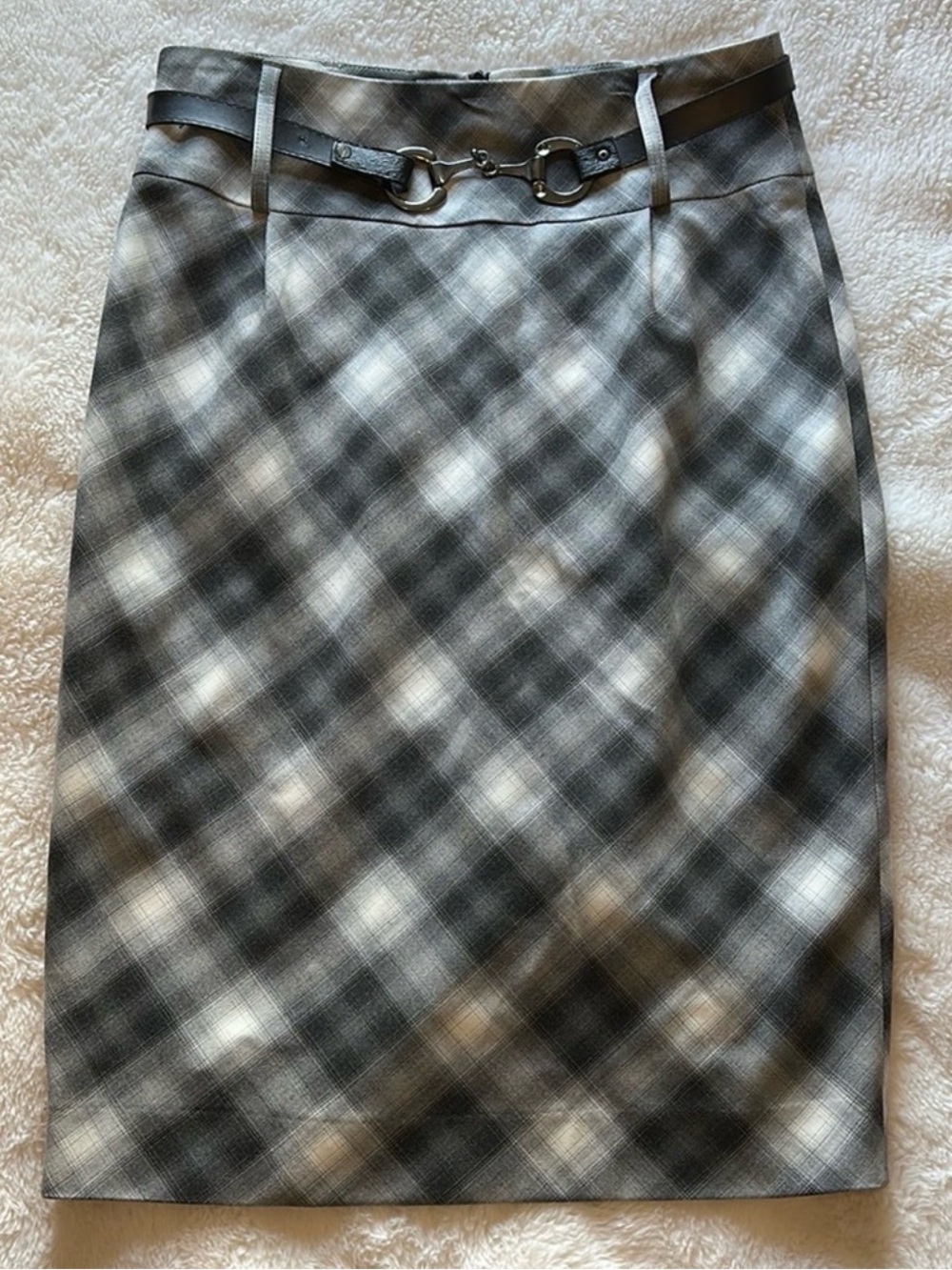 Mexx Black & Gray Plaid Pencil Skirt with Decorative Buckle
